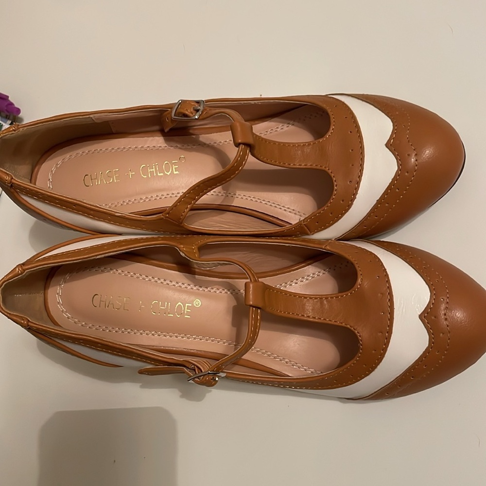 Chase + Chloe Tan and White T-Strap Heels - Picture 11 of 16